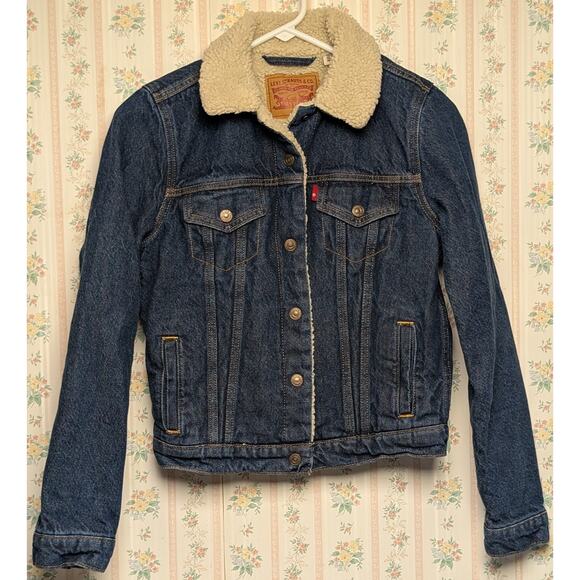 Levi's Sherpa Lined Denim Jacket WOMENS JRS SIZE XS Blue jean Snap Front Red Tab - Picture 1 of 5